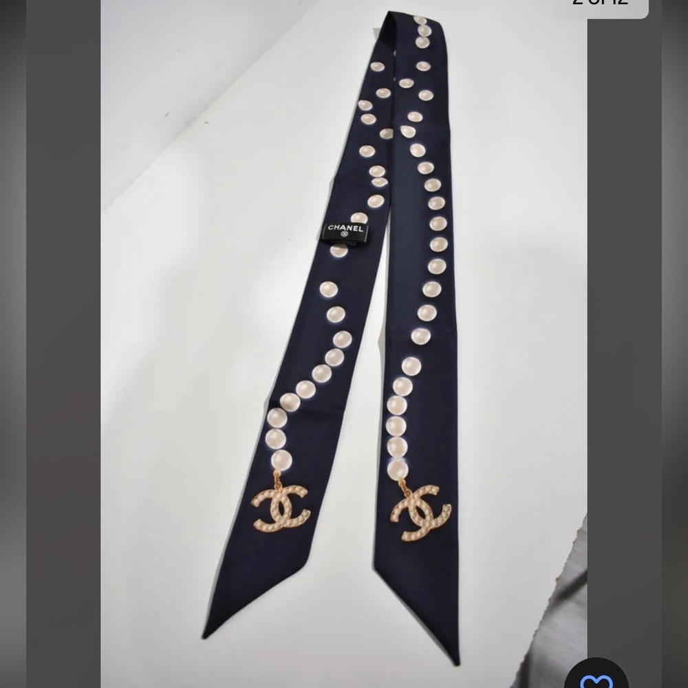 CHANEL Navy Silk Pearl-Embellished CC Logo Scarf Tie